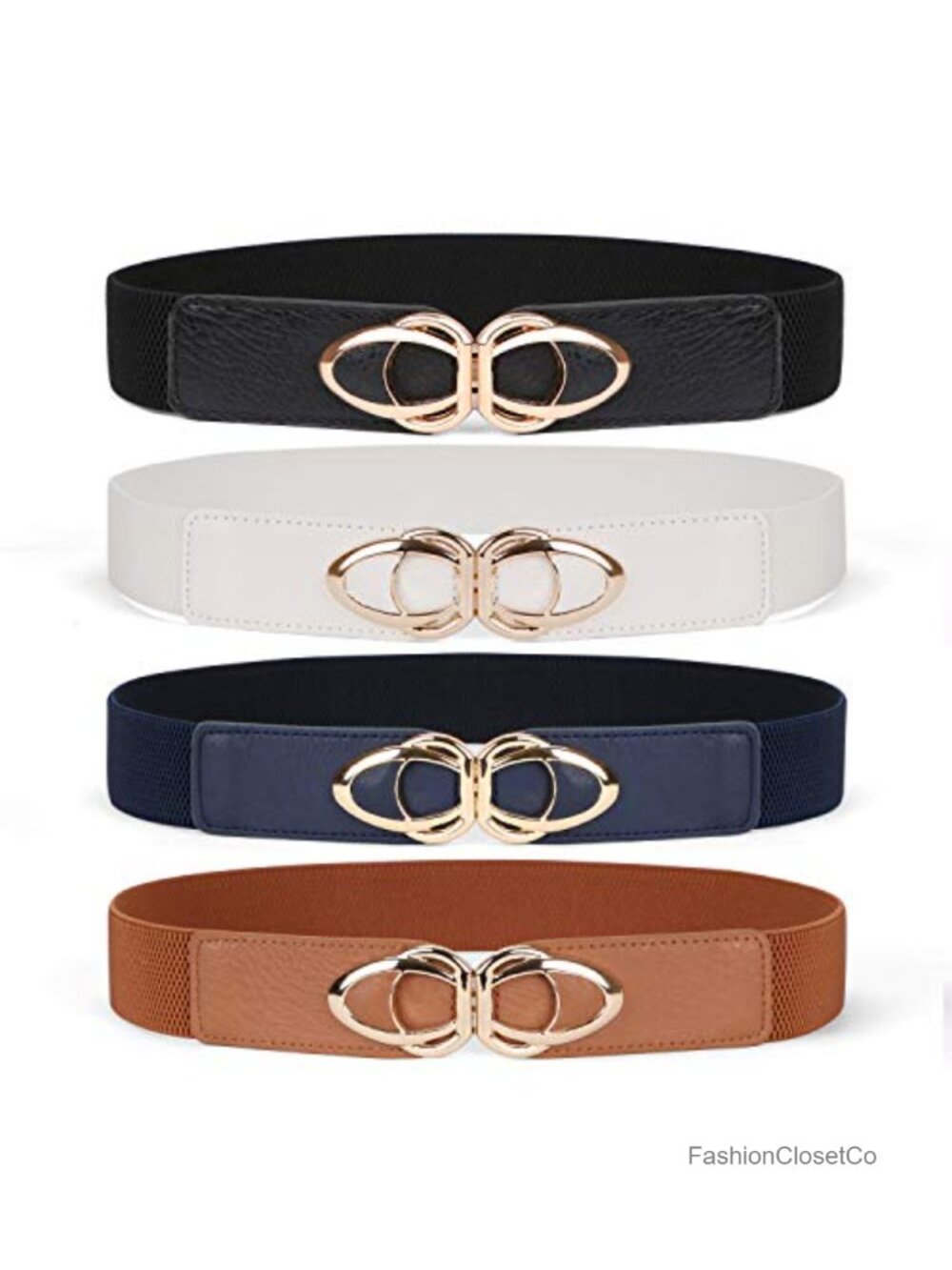 Women's Skinny Stretch Elastic Belt 4-Pack with Gold Buckle